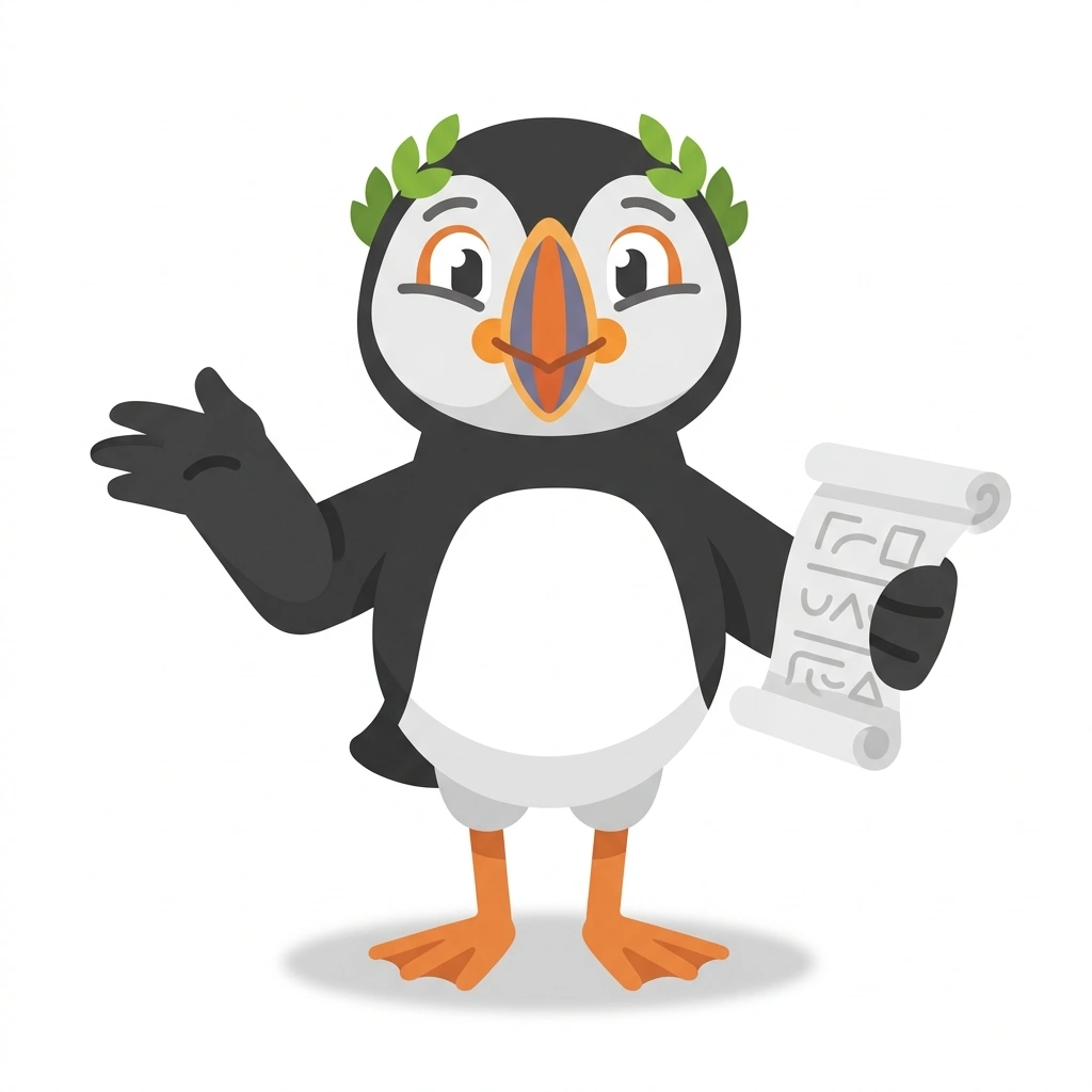 Pallas the Puffin, the guide who teaches the The Greek Polis and Mind course