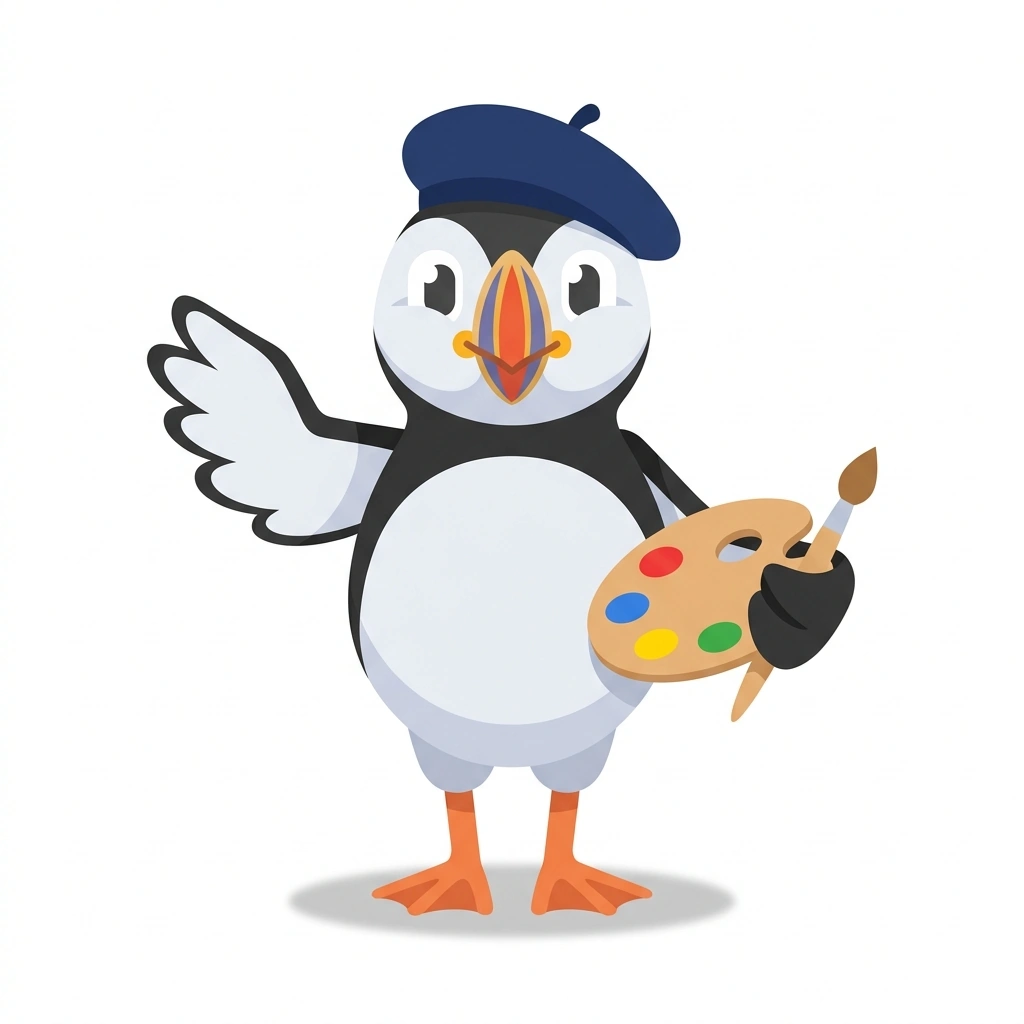 Perry the Puffin, the guide who teaches the Decoding the Great Masters course