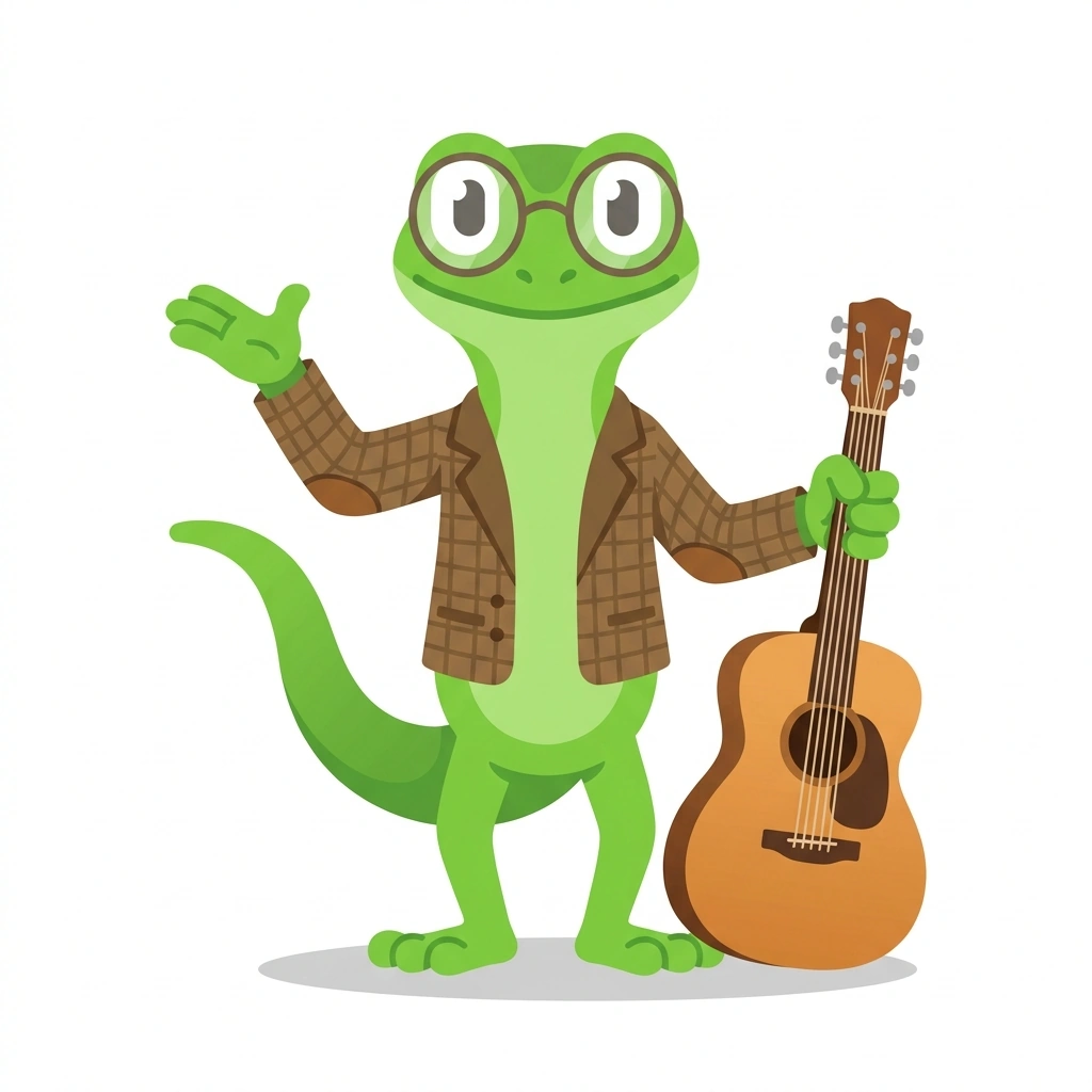 Gibson the Gecko, the guide who teaches the Guitar from First Chords course