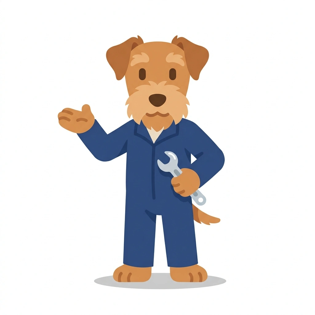 Torque the Terrier, the guide who teaches the Car Repair Fundamentals course
