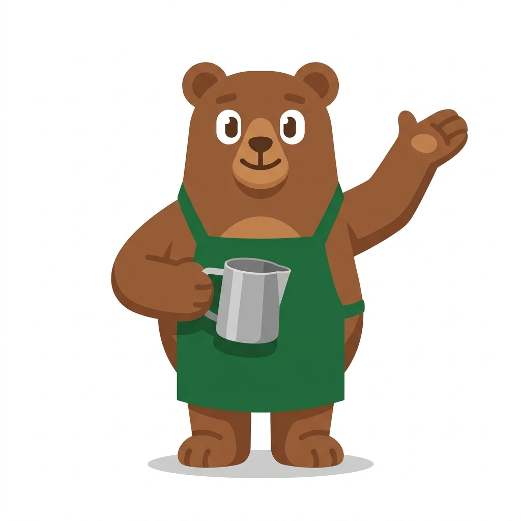 Bennie the Bear, the guide who teaches the Espresso Drinks and Milk Ratios course