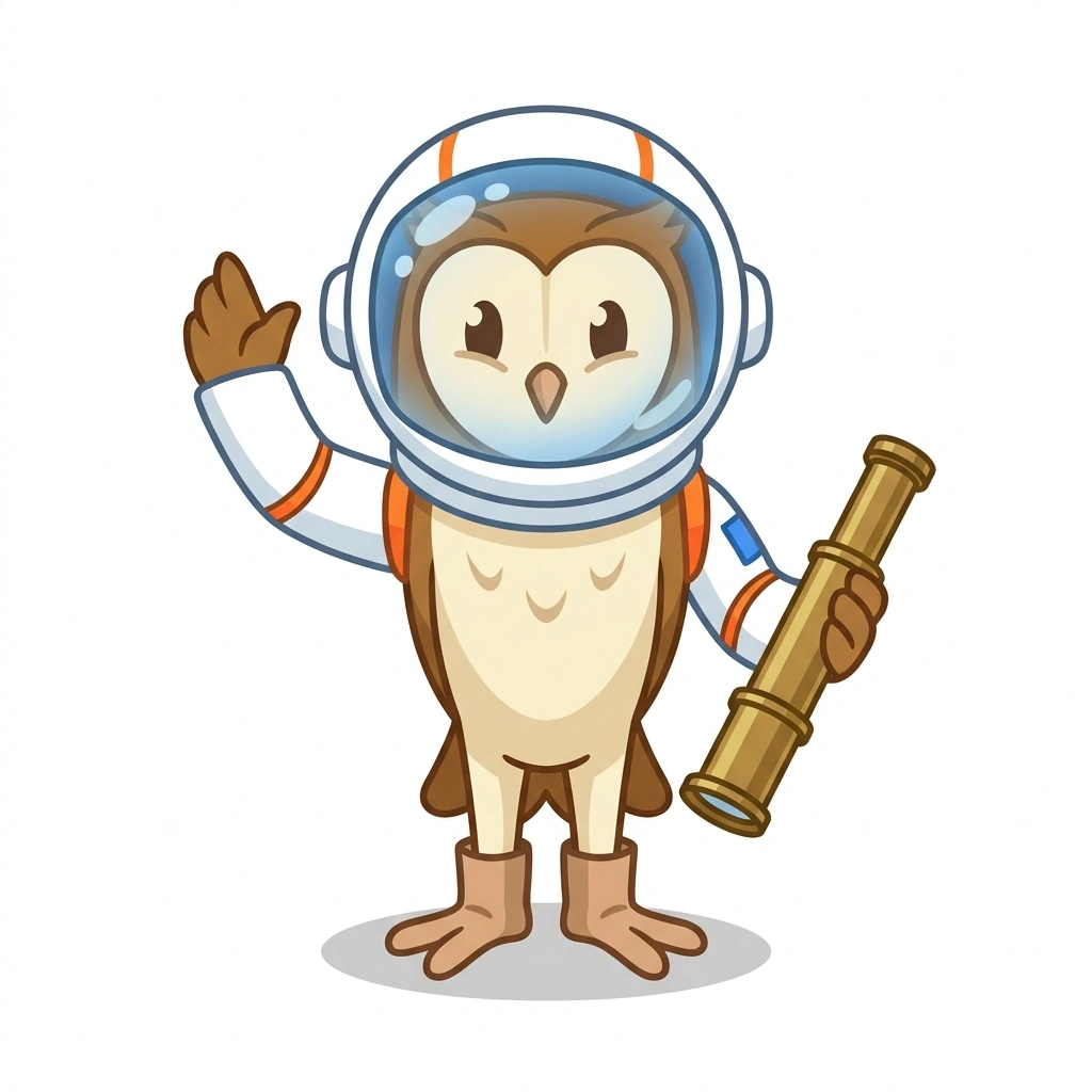 Orion the Owl, the guide who teaches the Mechanics of Space course