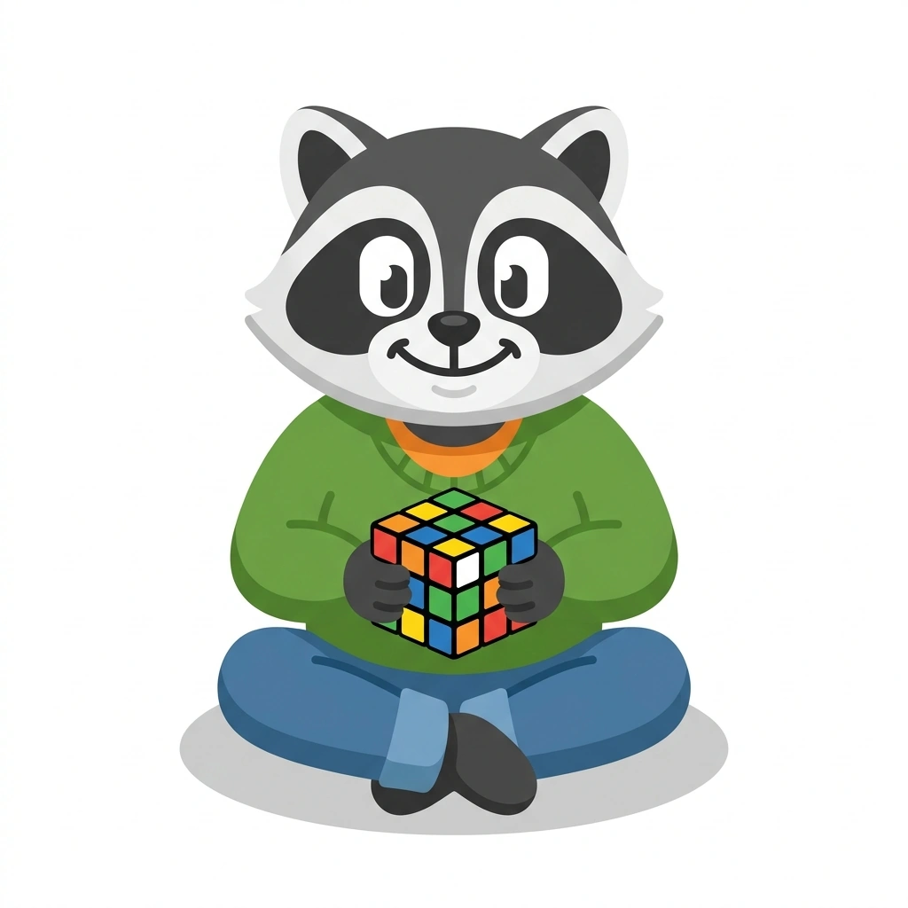 Rusty the Raccoon, the guide who teaches the Solving the Rubik's Cube course