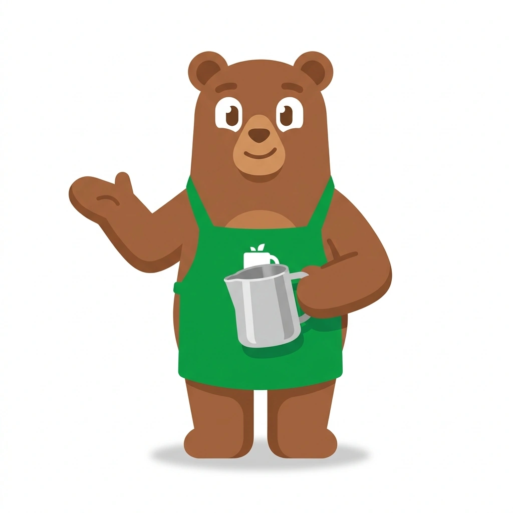Bruno the Barista Bear, the guide who teaches the Espresso Drinks: Craft and Technique course