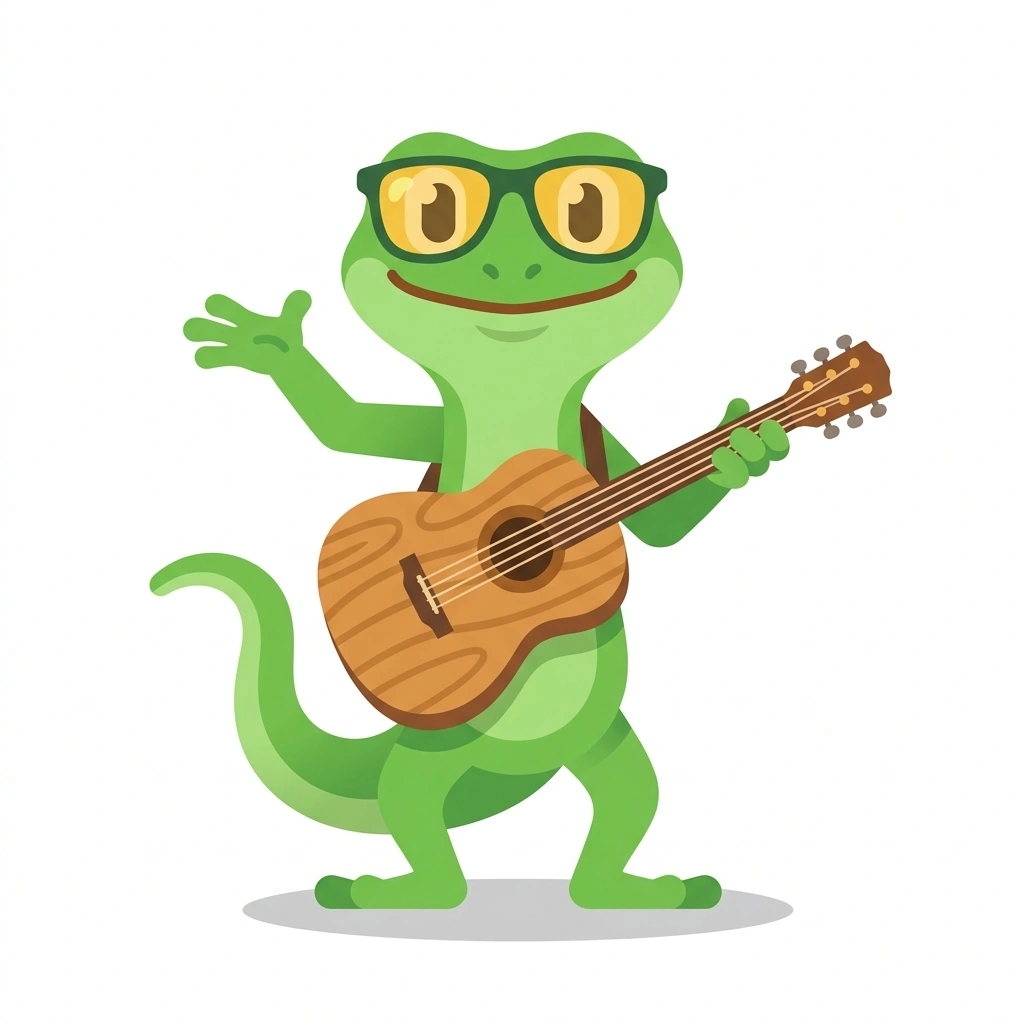 Gibson the Gecko, the guide who teaches the Guitar Rhythm and Chord Fluency course