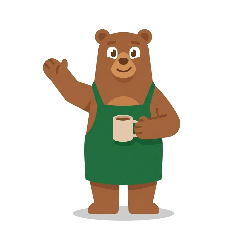Brewster the Bear, the guide who teaches the Coffee: Grounds, Brews, and History course