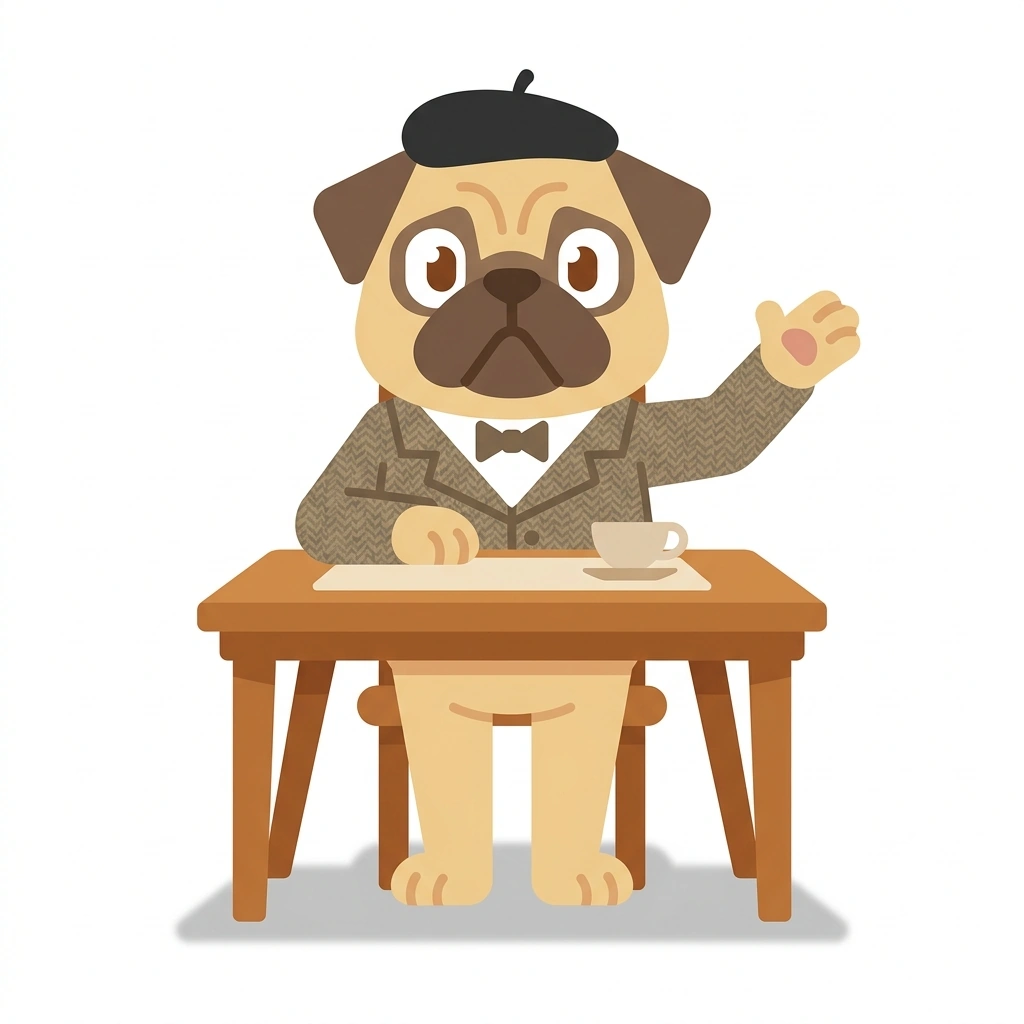 Plato the Pug, the guide who teaches the Art Puzzles for the Dinner Table course