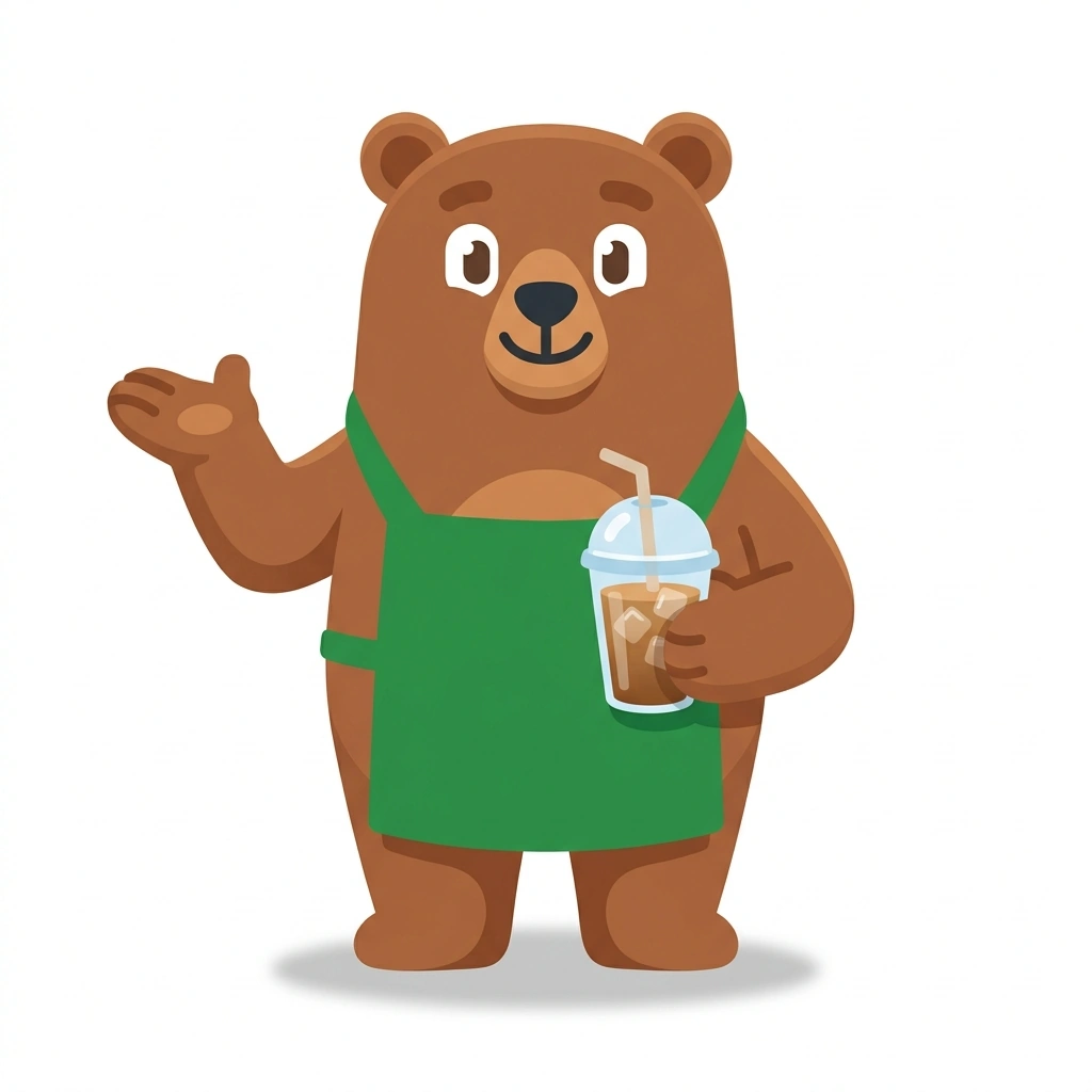 Brewster the Bear, the guide who teaches the Making Starbucks Drinks at Home course
