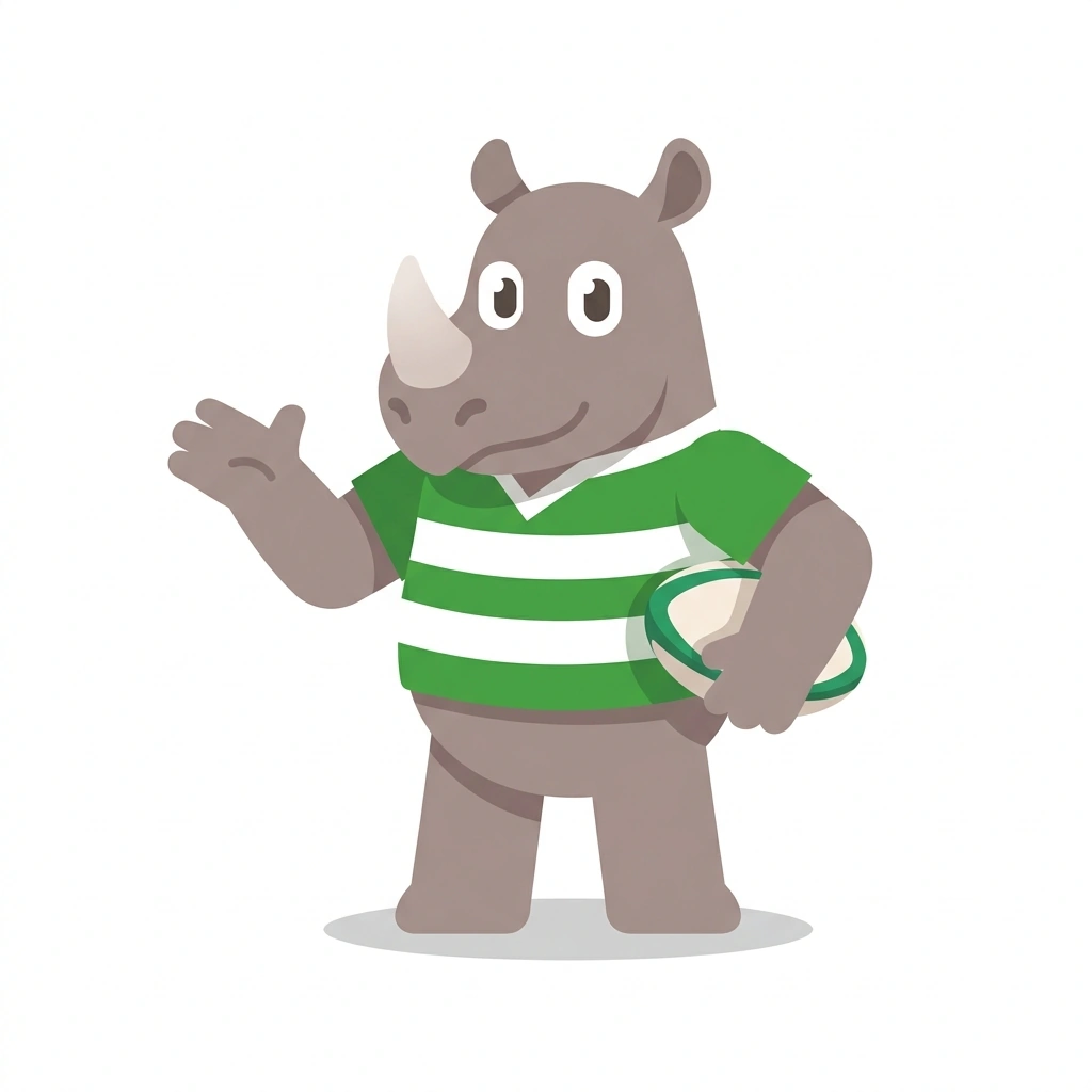 Rory the Rhino, the guide who teaches the How Rugby Union Works course