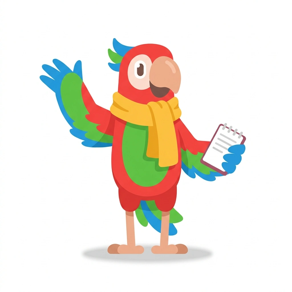 Pip the Parrot, the guide who teaches the First Conversations in English course