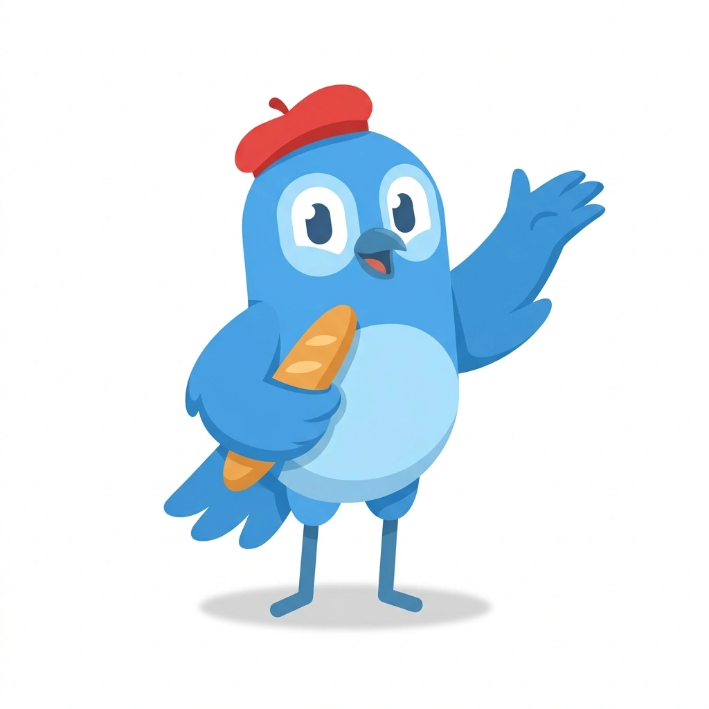 Bibi the Beret-wearing Bird, the guide who teaches the French Beyond the Textbook course