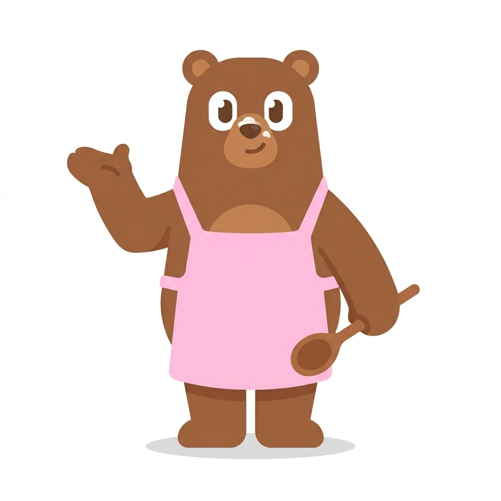Bella the Bear, the guide who teaches the Baking Essentials course