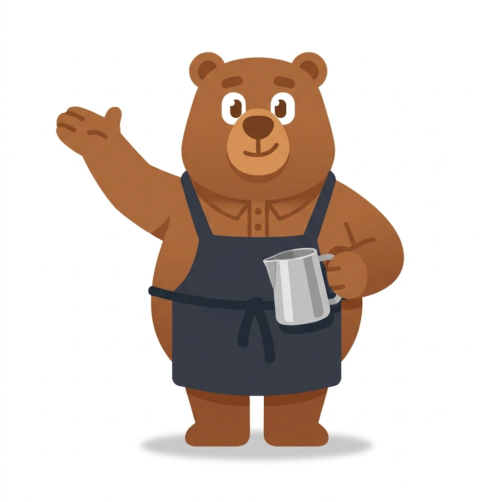 Bennie the Bear, the guide who teaches the Espresso Mechanics and Barista Craft course