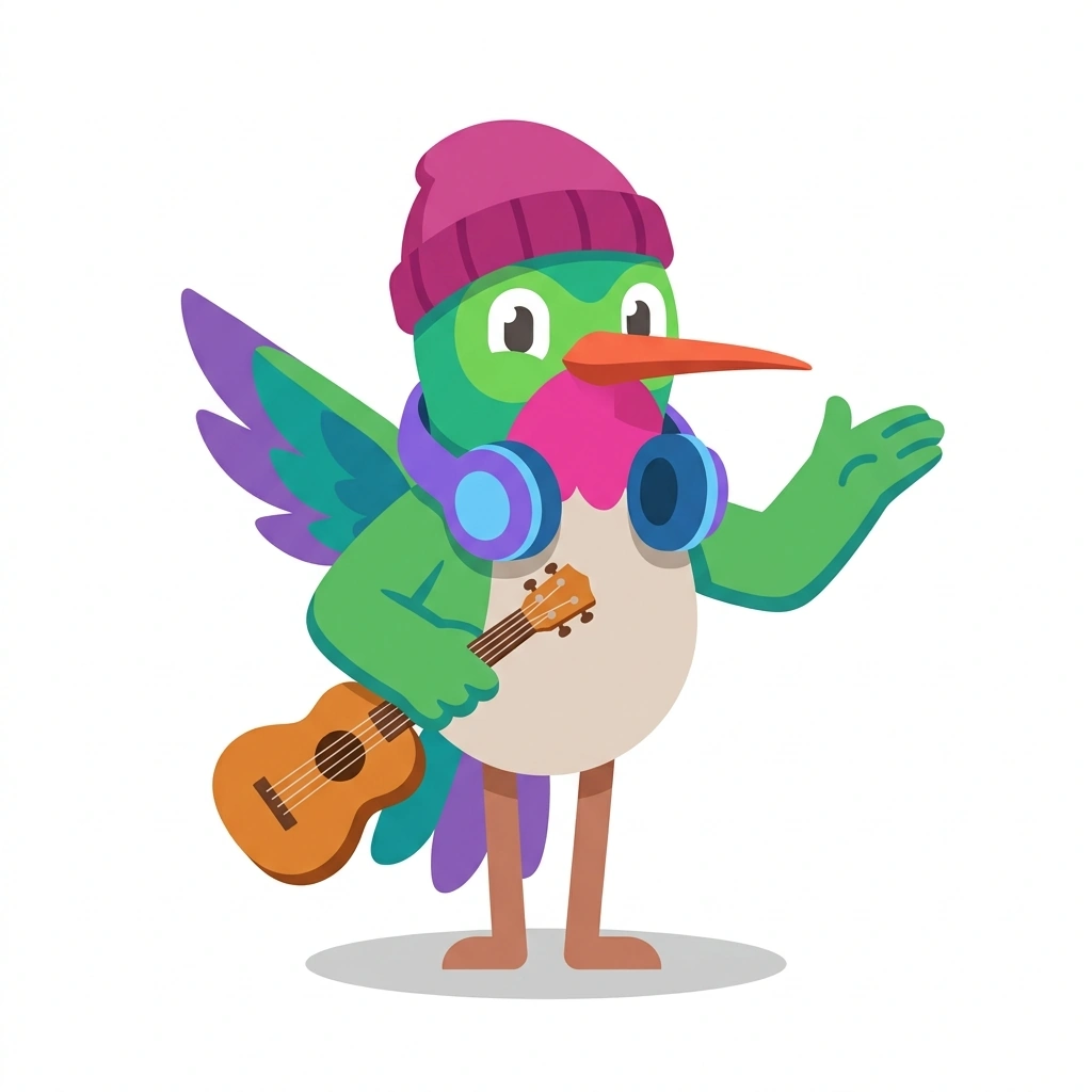 Harmony the Hummingbird, the guide who teaches the Harmonic Craft and Melody course