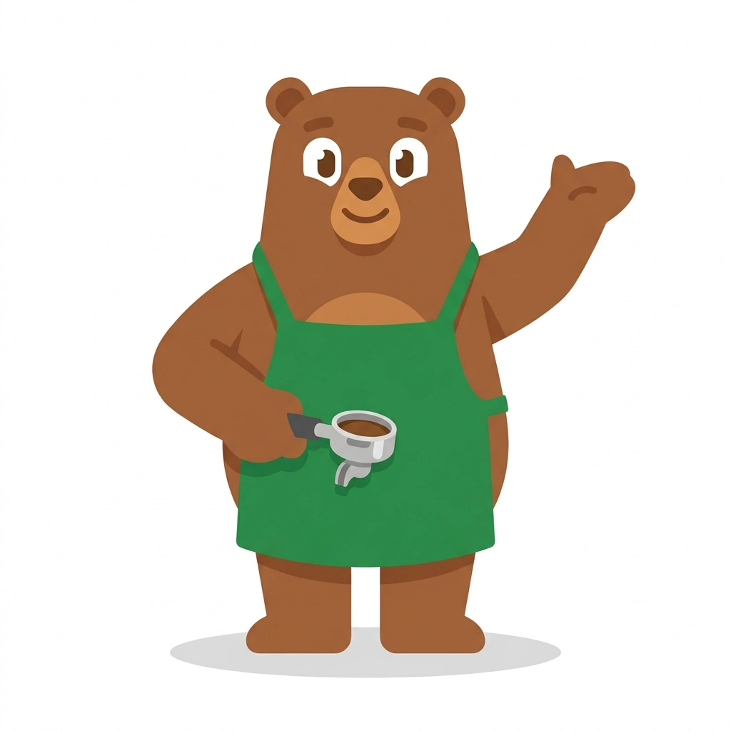 Brewster the Bear, the guide who teaches the Espresso Extraction and Barista Technique course