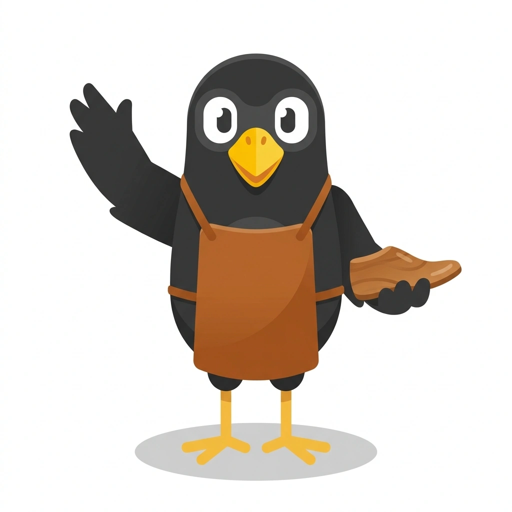 Cobbie the Crow, the guide who teaches the Handcrafted Shoemaking course