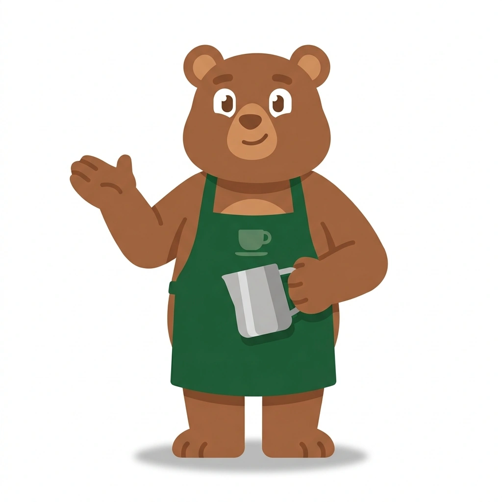 Brewster the Bear, the guide who teaches the Coffee and the Barista Craft course