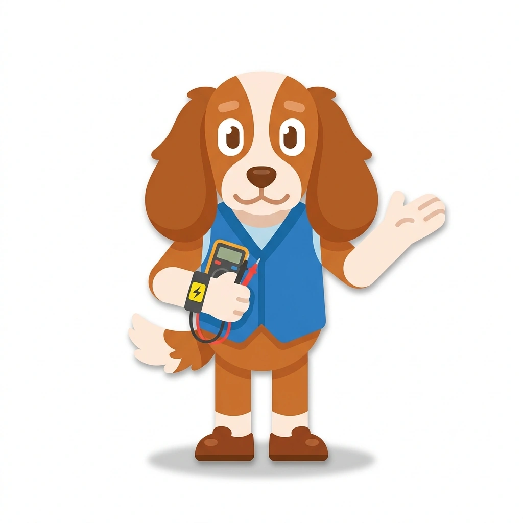 Sparky the Spaniel, the guide who teaches the Electronic Circuit Troubleshooting course
