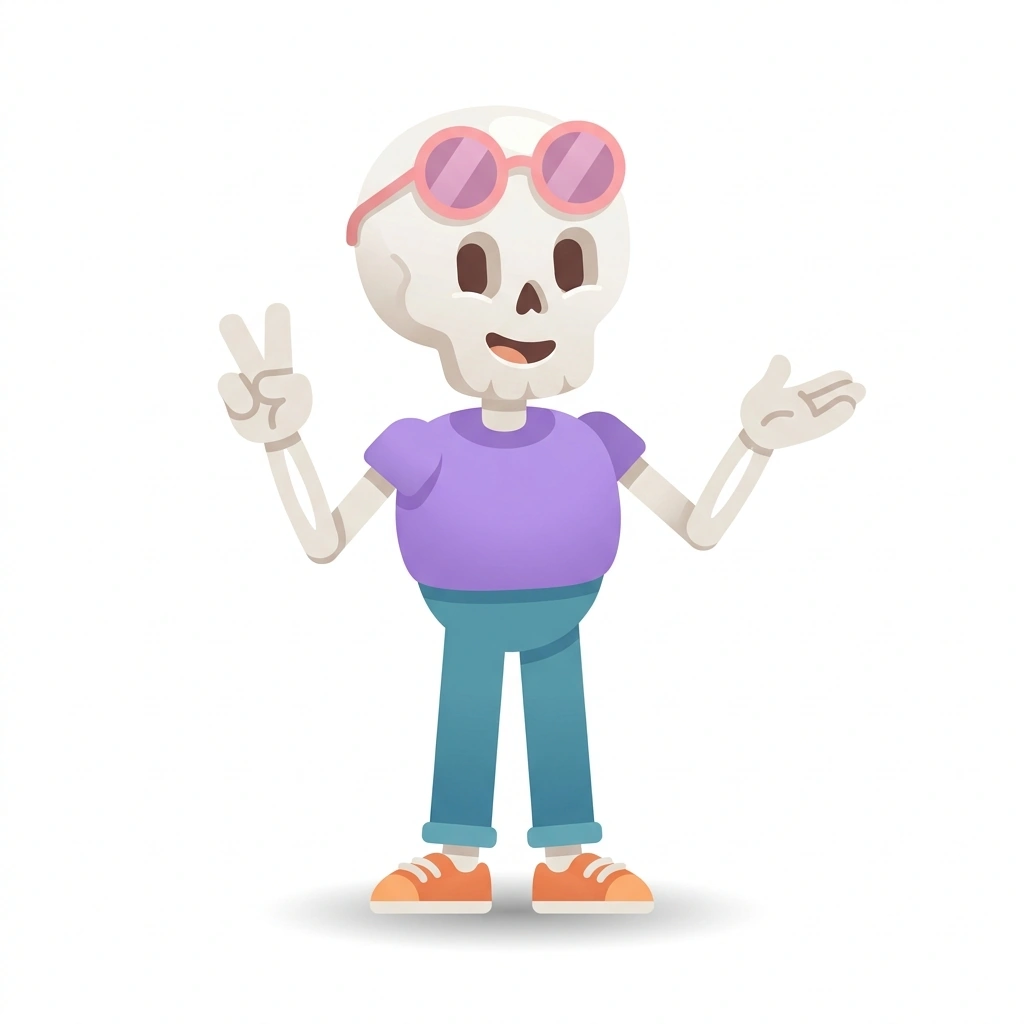 Skylar the Skeleton, the guide who teaches the Bones of the Head and Neck course