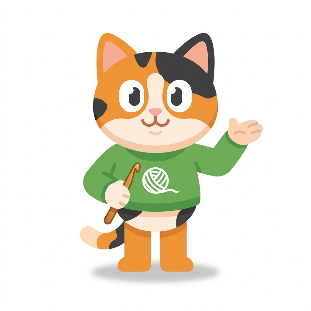 Cleo the Cat, the guide who teaches the Crochet Basics and Pattern Reading course