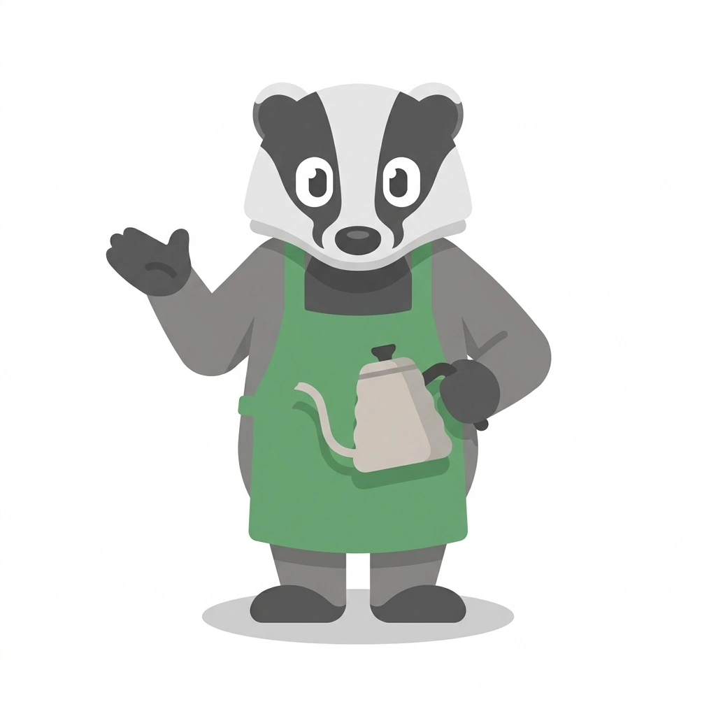 Brewster the Badger, the guide who teaches the Coffee Styles and Brewing Methods course