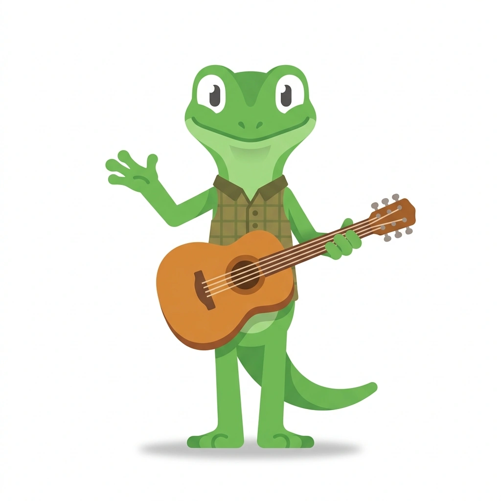 Gibson the Gecko, the guide who teaches the The Business of Playing Guitar course