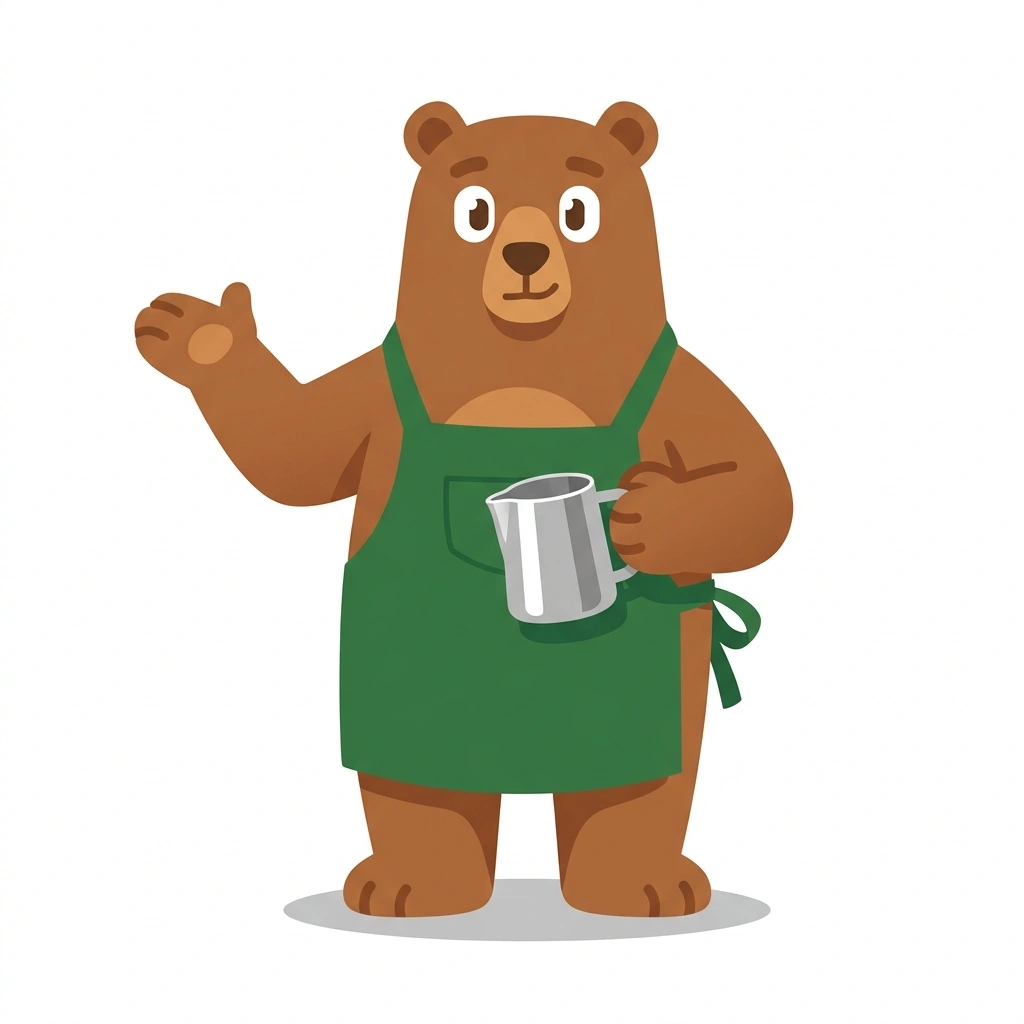 Barnaby the Bear, the guide who teaches the Craft Espresso and Cafe Drinks course