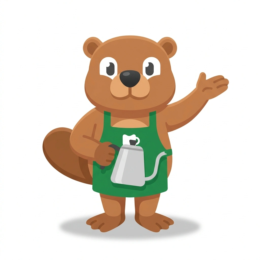 Brewster the Beaver, the guide who teaches the Dialing In Great Coffee course
