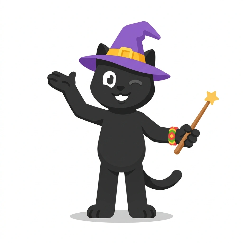 Wanda the Witch Cat, the guide who teaches the Practical Witchcraft course