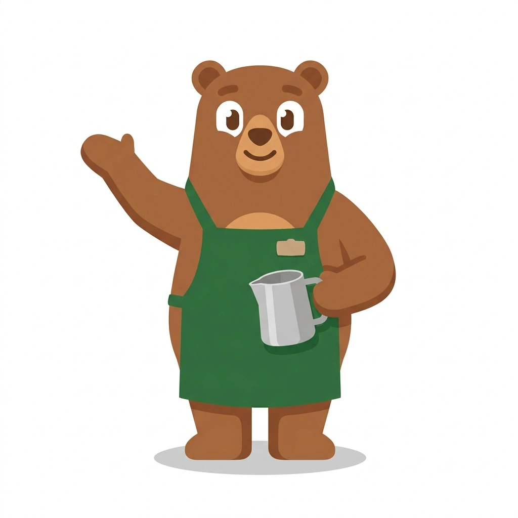 Barnaby the Bear, the guide who teaches the The Barista's Craft course
