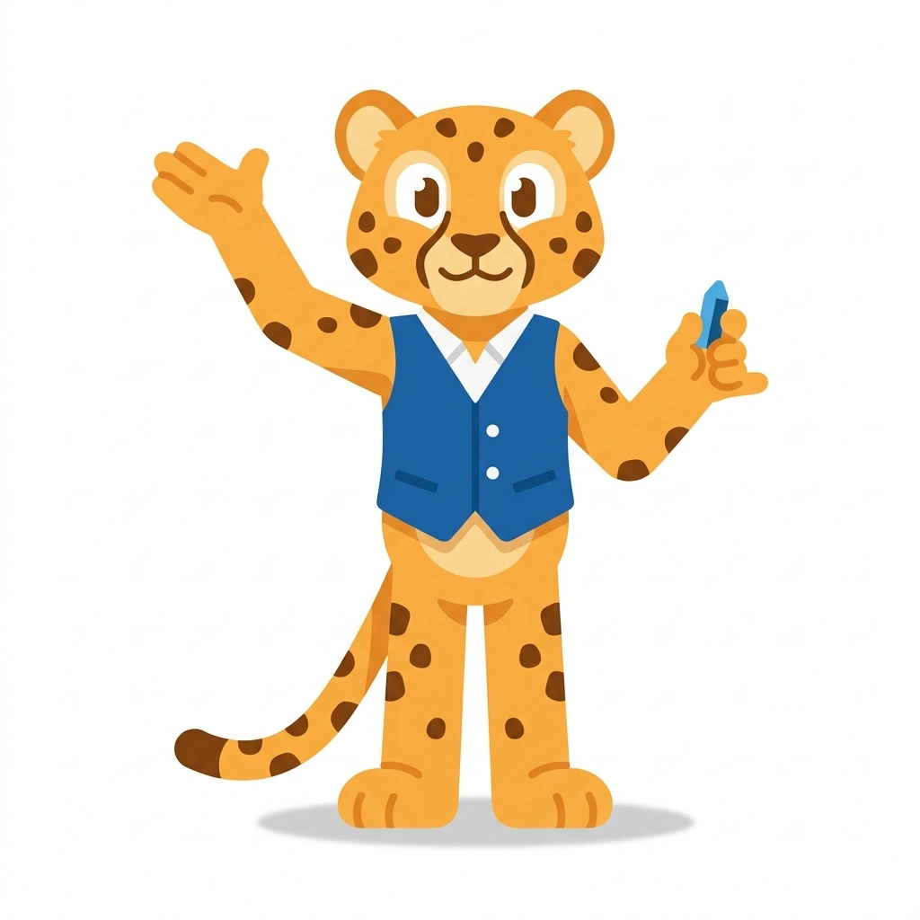Chalky the Cheetah, the guide who teaches the Pool: English and Cue Control course