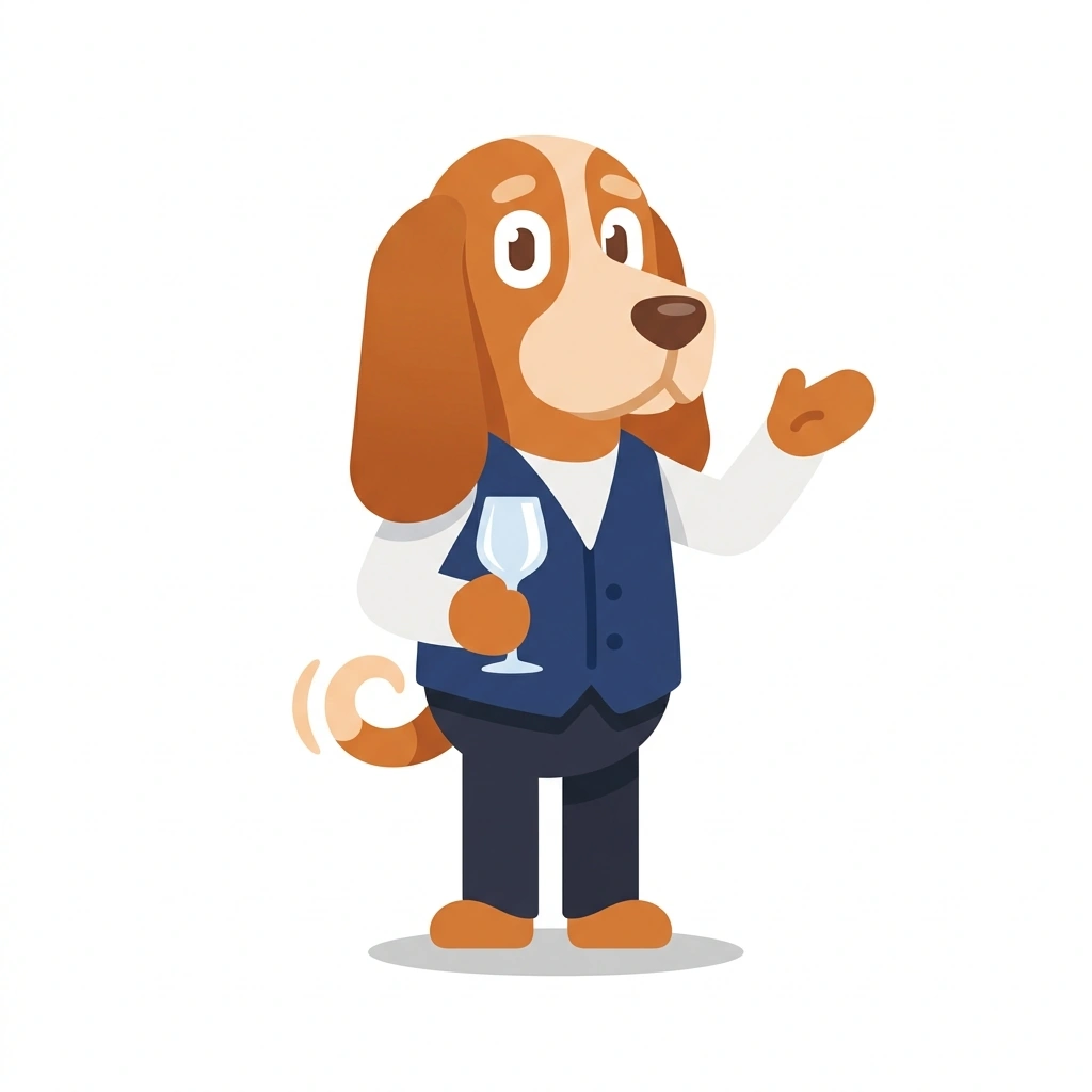 Barnaby the Basset Hound, the guide who teaches the The Analytical Wine Palate course