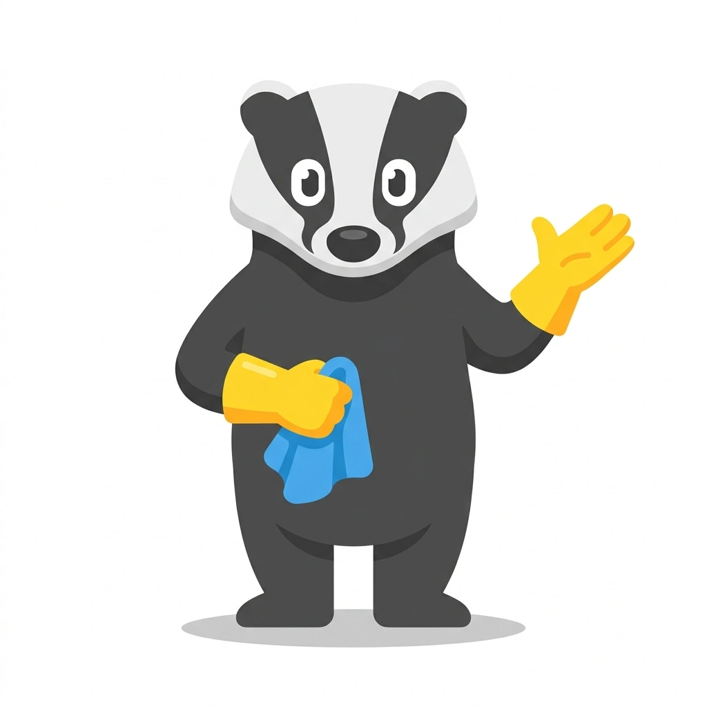Bastian the Badger, the guide who teaches the Apartment Cleaning and Systematic Decluttering course
