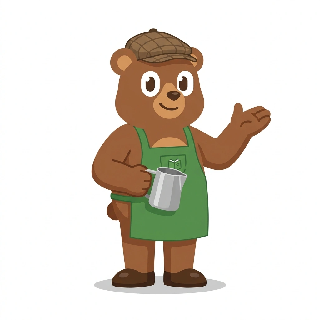 Bennie the Bear, the guide who teaches the Behind the Espresso Bar course
