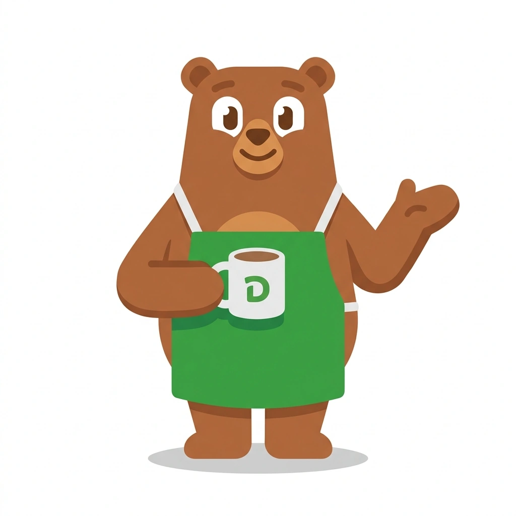Brewster the Bear, the guide who teaches the Inside Starbucks Coffee course