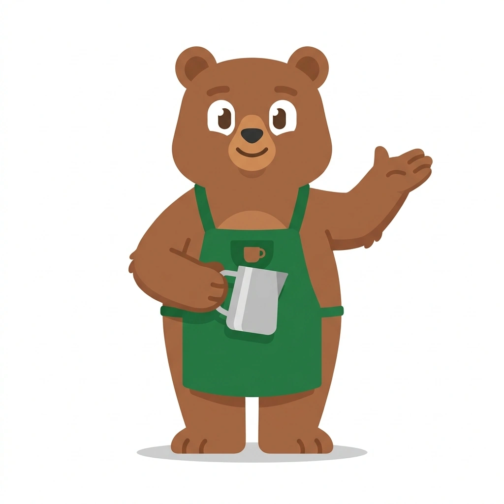 Bennie the Bear, the guide who teaches the The Barista's Espresso Craft course