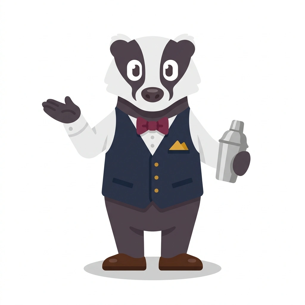 Barnaby the Badger, the guide who teaches the Cocktail Craft and Spirits course