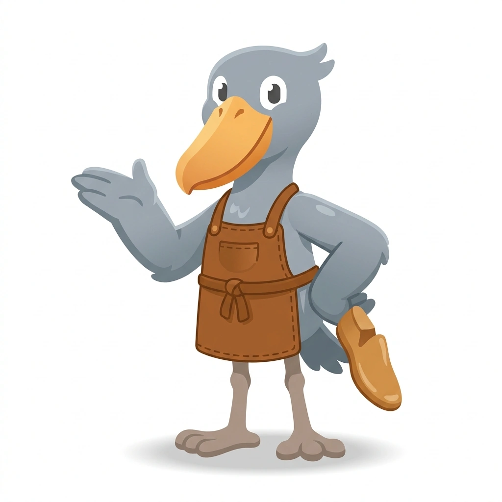 Sammy the Shoebill, the guide who teaches the The Craft of Shoemaking course