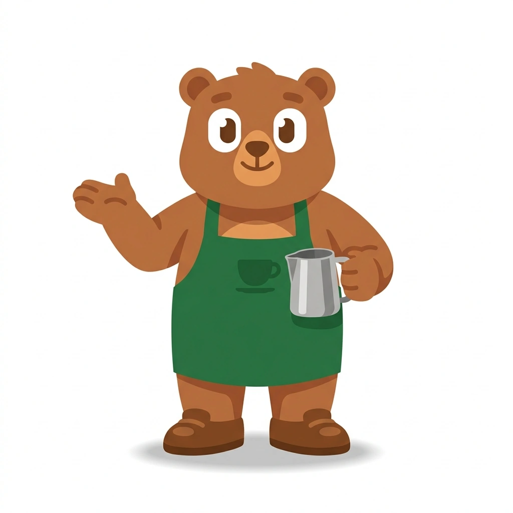 Brewster the Bear, the guide who teaches the The Barista's Drink Blueprint course