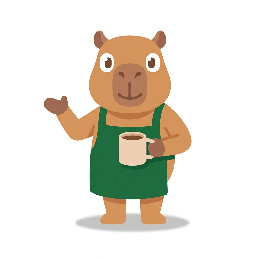 Cap the Capybara, the guide who teaches the Brewing Better Coffee course