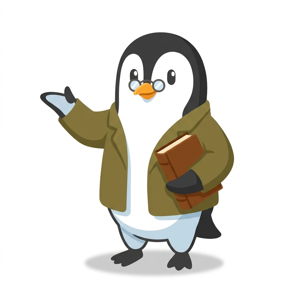 Plato the Pondering Penguin, the guide who teaches the How to Think Like a Philosopher course