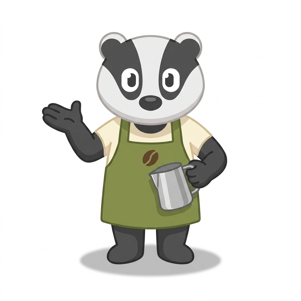 Brewster the Badger, the guide who teaches the Making Classic Café Coffee course