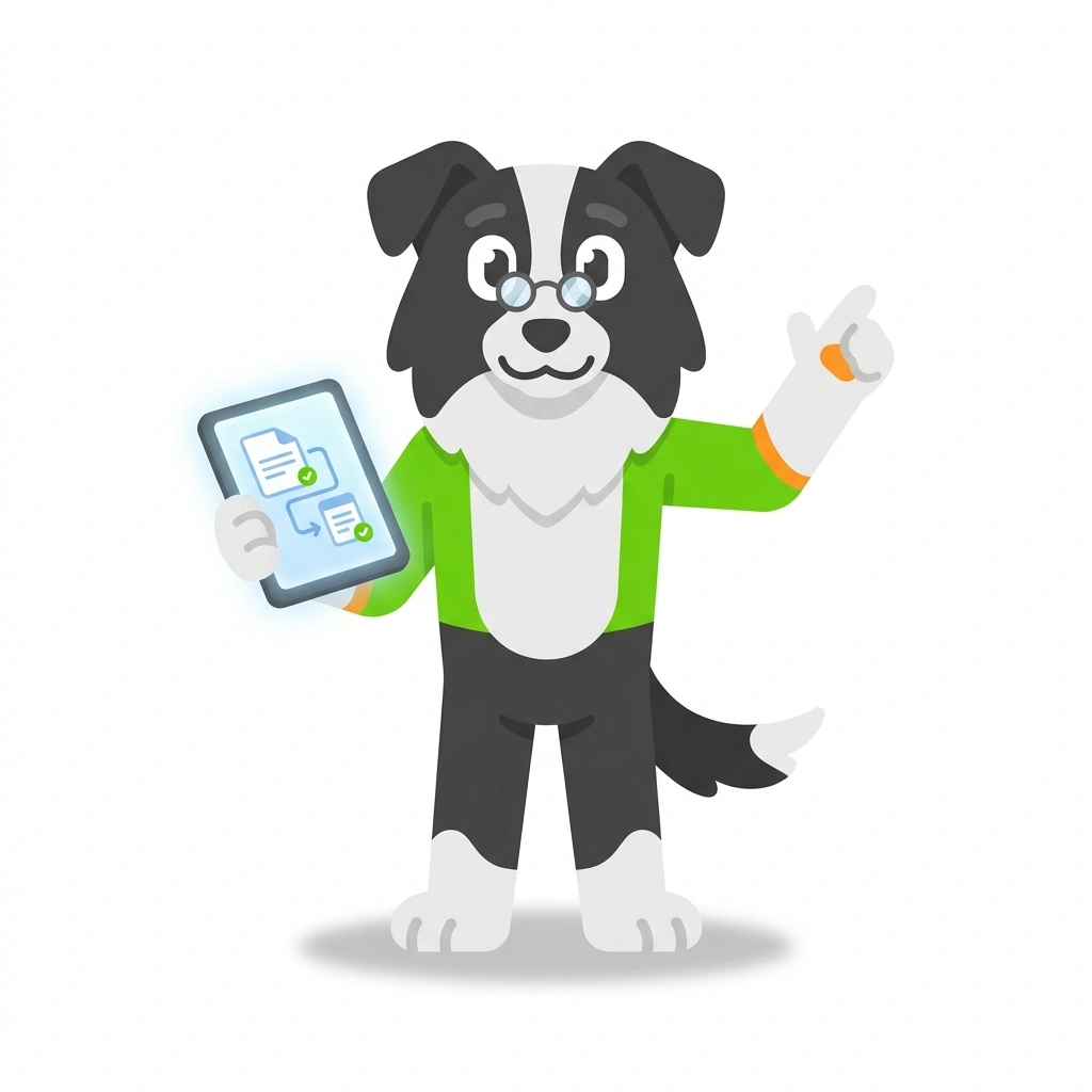 Casey the Collie, the guide who teaches the Contract Lifecycle Management course