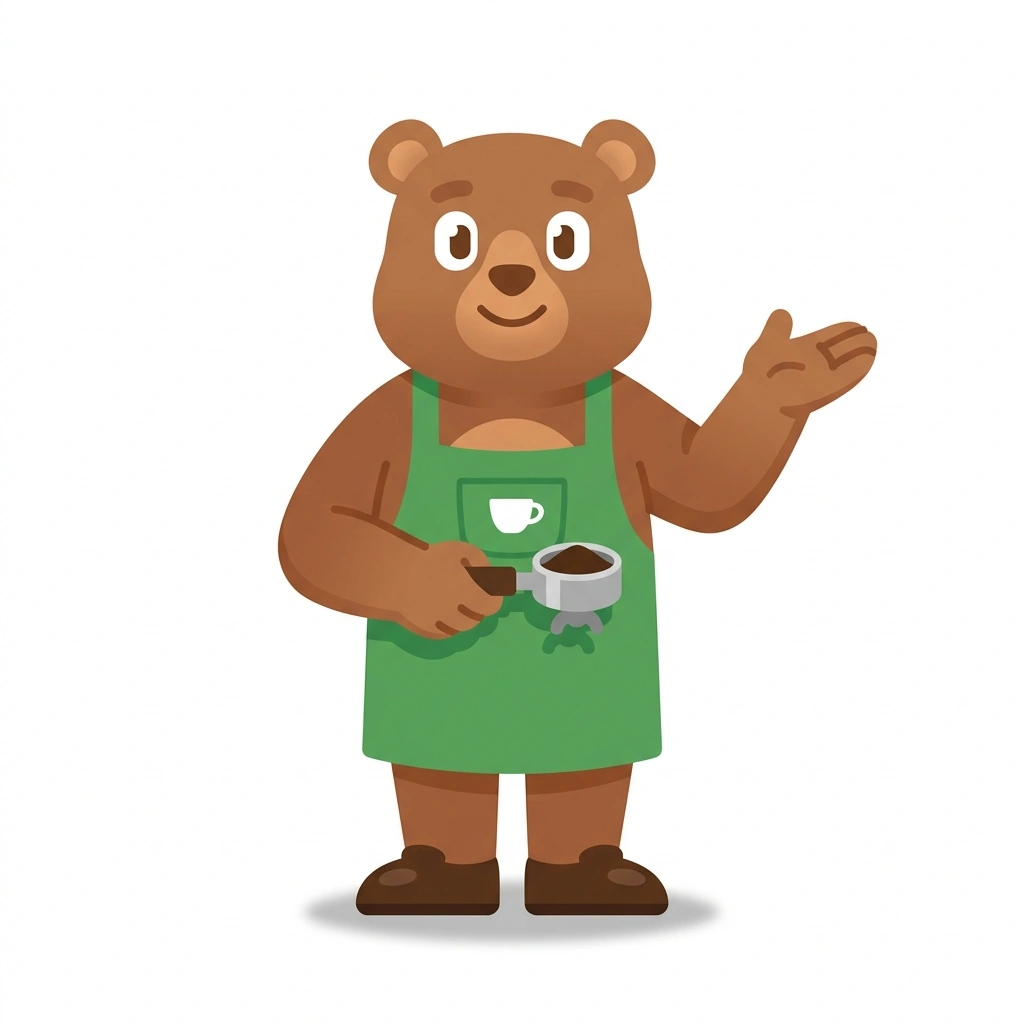 Barnaby the Bear, the guide who teaches the Barista Craft Behind the Bar course