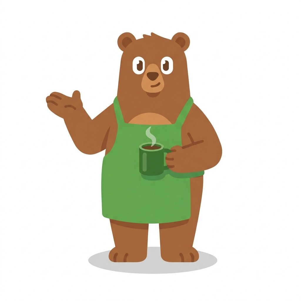 Barnaby the Barista Bear, the guide who teaches the Building a Community Hub: Coffee, Flowers, and Faith course