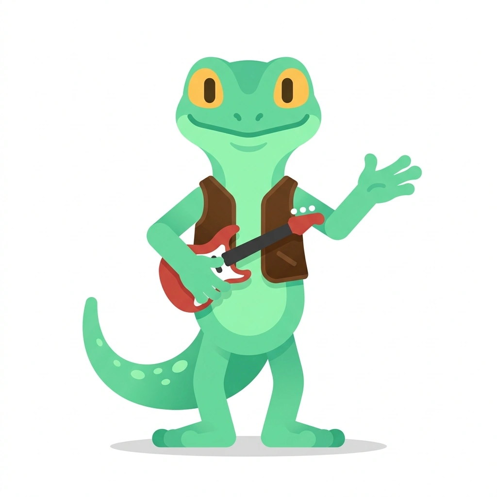 Gibson the Gecko, the guide who teaches the The Intermediate Guitarist's Toolkit course