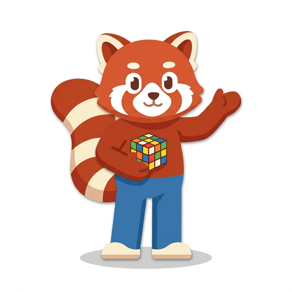 Rory the Red Panda, the guide who teaches the Solving the Rubik's Cube course