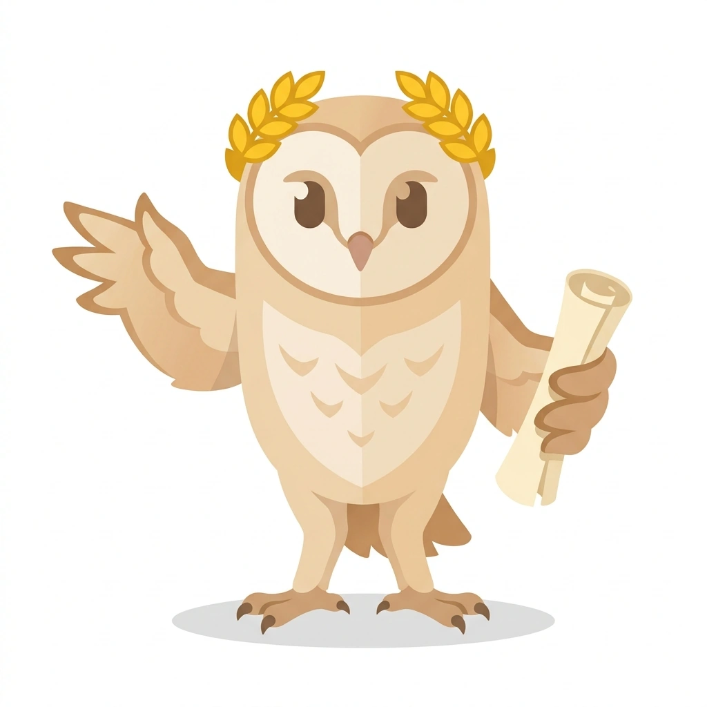 Olympia the Owl, the guide who teaches the Machinery of Greek Myth course