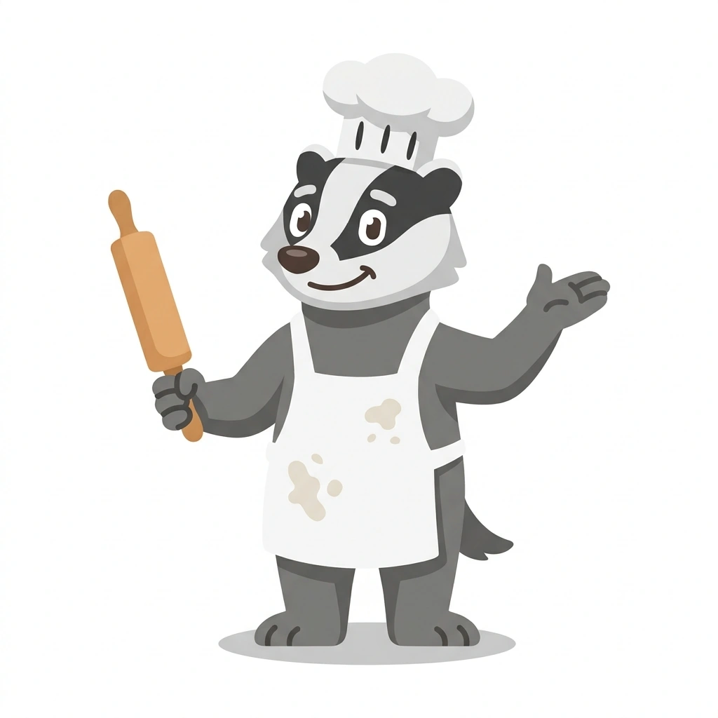 Benny the Badger, the guide who teaches the Oven-Baked Beignets course
