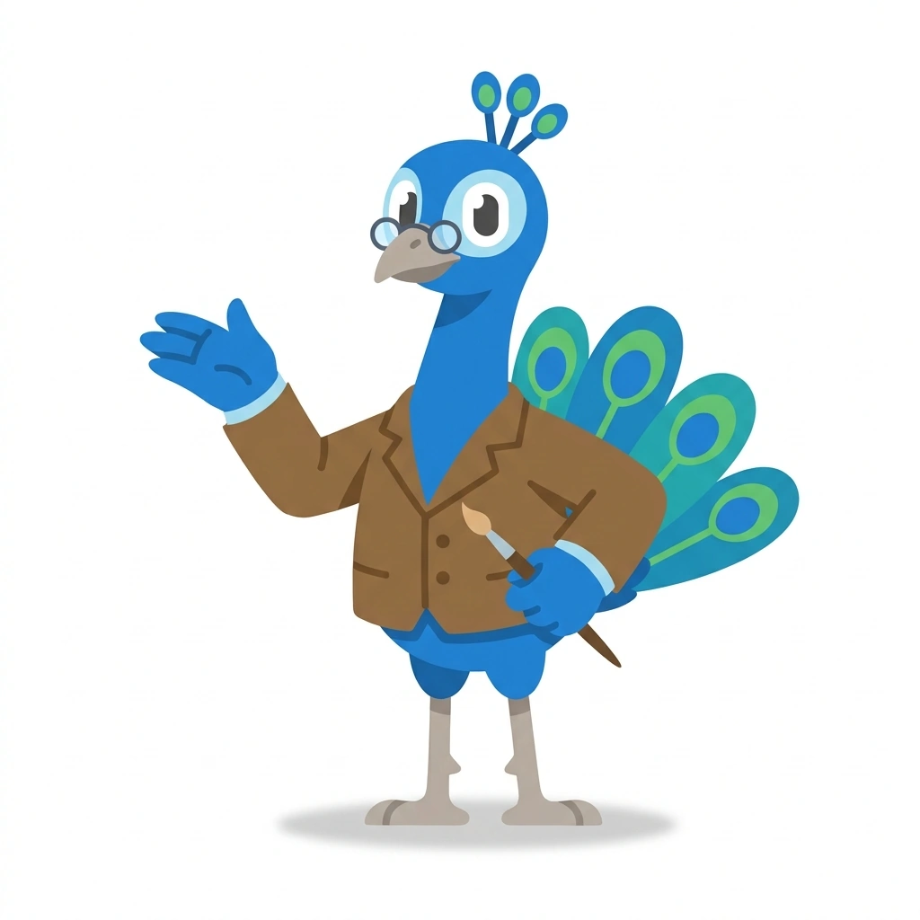 Professor Pierre the Peacock, the guide who teaches the Painting: Surface, Edge, and Space course